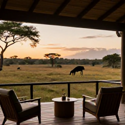 Caribbean Holidays, February Safaris, Comfortable safari lodge terrace overlooking a wildlife-filled plain at sunset in February
