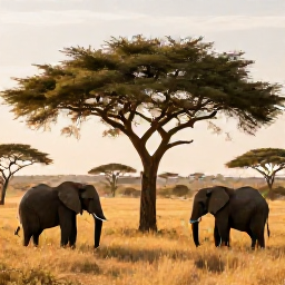 Caribbean Holidays, February Safaris, Golden savannah at sunrise with elephants and acacia trees on a February safari in Africa