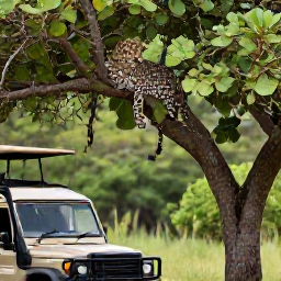 Caribbean Holidays, February Safaris, Leopard resting in a leafy tree beside a safari vehicle in a green February wildlife reserve