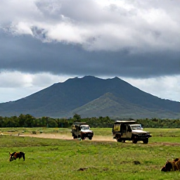 Caribbean Holidays, February Safaris, Open safari jeep crossing a green plain with distant mountains and dramatic clouds in February