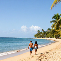 Caribbean Holidays, February Saint Lucia, Couple walking on soft golden sand at Reduit Beach in Saint Lucia, with calm turquoise water and palm trees under a clear February sky