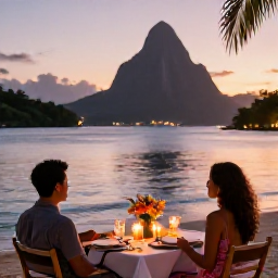 Caribbean Holidays, February Saint Lucia, Romantic beachfront dinner for two at a Saint Lucia adults-only resort, with candles, tropical flowers and a calm sea at sunset