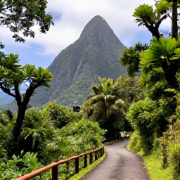 Caribbean Holidays, February Saint Lucia, Visitors exploring the lush volcanic landscape near the Pitons in Saint Lucia, with rainforest, winding path and panoramic February daylight