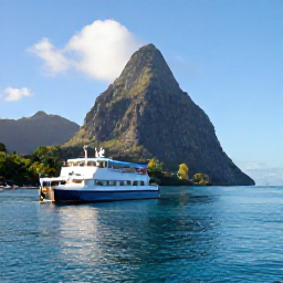 Caribbean Holidays, February Scuba Diving, A dive boat approaching the Pitons on a bright February morning, with calm turquoise water around Saint Lucia