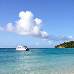 Caribbean Holidays, February Scuba Diving, Dive boat leaving a quiet tropical bay in Tobago on a sunny February morning