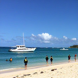 Caribbean Holidays, February Scuba Diving, Friendly Caribbean dive boat with scuba equipment near a sandy Saint Kitts beach, sunny February weather and calm sea