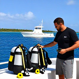 Caribbean Holidays, February Scuba Diving, Friendly Caribbean dive guide checking scuba equipment beside a boat in bright February sunshine