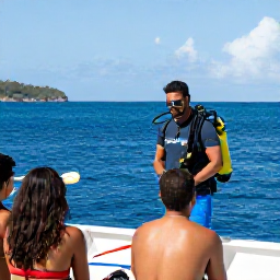 Caribbean Holidays, February Scuba Diving, Friendly scuba diving instructor briefing holidaymakers beside a dive boat in Soufri&egrave;re, Saint Lucia