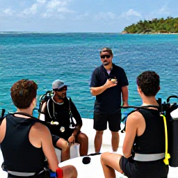Caribbean Holidays, February Scuba Diving, Friendly scuba instructor briefing holidaymakers on a boat before a reef dive in the United States Virgin Islands