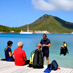 Caribbean Holidays, February Scuba Diving, Friendly scuba instructor preparing equipment with visitors beside a tropical marina in the US Virgin Islands