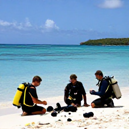 Caribbean Holidays, February Scuba Diving, Friendly scuba instructors preparing equipment beside a tropical beach in Tobago
