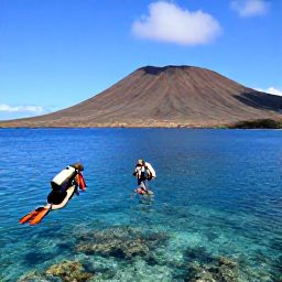 Caribbean Holidays, February Scuba Diving, Scuba divers exploring a calm reef beside Nevis, with volcanic slopes visible through clear Caribbean water
