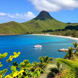 Caribbean Holidays, February Scuba Diving, Small dive boat approaching a sheltered bay surrounded by green volcanic hills and Caribbean islands