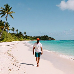 Caribbean Holidays, February Solo Holidays, A solo traveller walking along a quiet white-sand beach in the British Virgin Islands in warm February sunshine, turquoise sea and palm trees