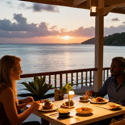 Caribbean Holidays, February Solo Holidays, A welcoming Caribbean restaurant at sunset in Saint Vincent and the Grenadines, solo diner enjoying fresh local food and a gentle sea view