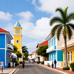 Caribbean Holidays, February Solo Holidays, Colourful Basseterre street scene in Saint Kitts with colonial buildings, a clock tower, palm trees and solo visitors exploring