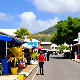 Caribbean Holidays, February Solo Holidays, Colourful Kingstown street scene in Saint Vincent with local market stalls, tropical plants and a solo visitor exploring