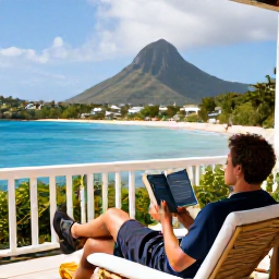 Caribbean Holidays, February Solo Holidays, Comfortable small hotel terrace overlooking a Caribbean bay in Saint Vincent and the Grenadines, solo traveller relaxing with a travel book