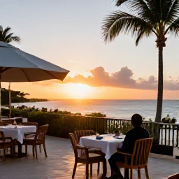 Caribbean Holidays, February Solo Holidays, Friendly Caribbean hotel terrace at sunset with a solo guest dining comfortably, warm February evening atmosphere