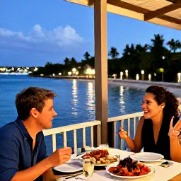 Caribbean Holidays, February Solo Holidays, Friendly solo traveller dining at an outdoor waterfront restaurant in Providenciales, Turks and Caicos, with fresh seafood and evening island light