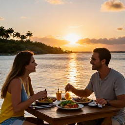Caribbean Holidays, February Solo Holidays, Friendly solo traveller enjoying fresh Caribbean food at a relaxed waterfront restaurant in Tortola, British Virgin Islands, at sunset