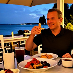 Caribbean Holidays, February Solo Holidays, Friendly solo traveller enjoying fresh seafood at an outdoor restaurant in Providenciales, Turks and Caicos, during a warm February evening
