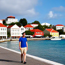 Caribbean Holidays, February Solo Holidays, Friendly solo traveller walking along the colourful waterfront in Charlotte Amalie, St Thomas, with historic buildings and Caribbean boats