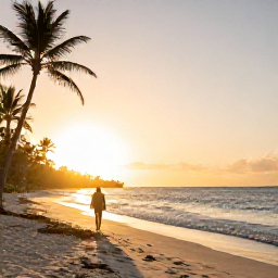 Caribbean Holidays, February Solo Holidays, Lone traveller walking along Grace Bay Beach at sunrise, palm trees, gentle waves and golden February light in Turks and Caicos