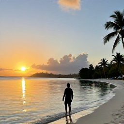 Caribbean Holidays, February Solo Holidays, Nevis beach at sunset with a solo traveller enjoying calm water, palm trees and views towards Saint Kitts