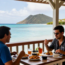 Caribbean Holidays, February Solo Holidays, Relaxed solo diner eating fresh Caribbean food at an open-air restaurant beside the sea in the U.S. Virgin Islands
