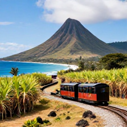 Caribbean Holidays, February Solo Holidays, Scenic narrow-gauge railway travelling through sugar cane fields on Saint Kitts with volcanic mountains and Caribbean coastline