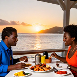 Caribbean Holidays, February Solo Holidays, Solo diner enjoying fresh Caribbean seafood at a waterfront restaurant in Saint Vincent and the Grenadines at sunset