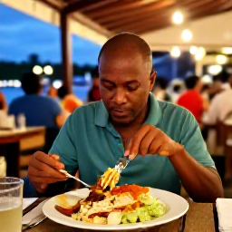 Caribbean Holidays, February Solo Holidays, Solo traveller enjoying a local Caribbean meal at an outdoor restaurant in Charlotte Amalie, warm evening lighting and lively island atmosphere