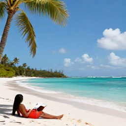 Caribbean Holidays, February Solo Holidays, Solo traveller relaxing beside a calm turquoise lagoon at Grace Bay Beach, Providenciales, with a book, palm trees and bright blue February sky