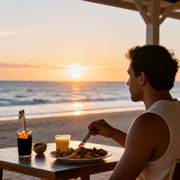 Caribbean Holidays, February Solo Holidays, Solo traveller seated at a relaxed beachfront restaurant on Nevis enjoying fresh Caribbean food at sunset