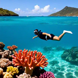 Caribbean Holidays, February Solo Holidays, Solo visitor snorkelling in clear turquoise water beside a colourful coral reef in the United States Virgin Islands