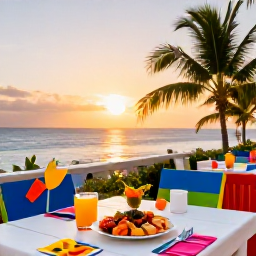 Caribbean Holidays, February Spa Breaks, A colourful Caribbean dining terrace in Saint Kitts at sunset, serving fresh seafood and tropical fruit with palms in the background