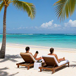 Caribbean Holidays, February Spa Breaks, A couple relaxing beside a turquoise Jamaican beach after a spa treatment, with loungers, palms and clear blue water
