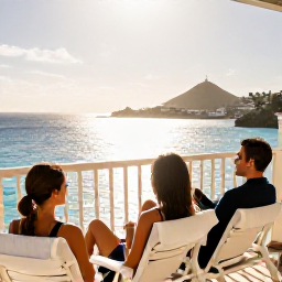 Caribbean Holidays, February Spa Breaks, A couple relaxing on a balcony overlooking the Caribbean Sea in Saint Martin during a warm February afternoon