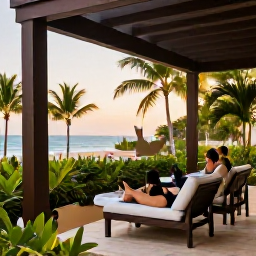 Caribbean Holidays, February Spa Breaks, A couple relaxing on a shaded terrace at a Dominican Republic resort, with tropical gardens, soft evening light and a calm Caribbean atmosphere