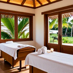Caribbean Holidays, February Spa Breaks, A Jamaican spa treatment room with natural wood, soft towels, candles and views of tropical greenery
