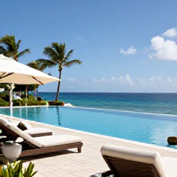 Caribbean Holidays, February Spa Breaks, A luxurious Saint Barth&eacute;lemy hotel terrace with an infinity pool, loungers, palm trees and sparkling Caribbean sea in February