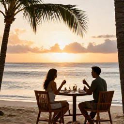 Caribbean Holidays, February Spa Breaks, A peaceful Jamaican resort at sunset with a couple enjoying a quiet beachfront dinner and warm golden light