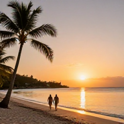 Caribbean Holidays, February Spa Breaks, A quiet sandy beach in Saint Barth&eacute;lemy at sunset, with a couple walking beside calm water and palm trees