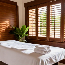 Caribbean Holidays, February Spa Breaks, A serene Bahamian spa treatment room with natural wood, white towels, tropical plants and sunlight filtering through shutters