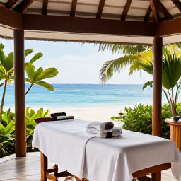 Caribbean Holidays, February Spa Breaks, A serene Caribbean spa treatment room with natural wood, white towels, tropical plants and an open view towards the sea