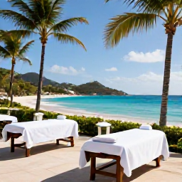 Caribbean Holidays, February Spa Breaks, A serene luxury spa overlooking a turquoise Caribbean bay in Saint Barth&eacute;lemy, with treatment rooms, palm trees and a bright February sky