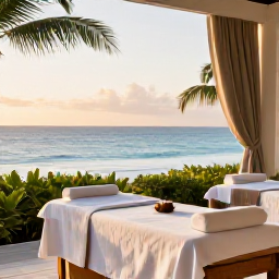 Caribbean Holidays, February Spa Breaks, A tranquil luxury spa overlooking the Caribbean Sea on Saint Kitts, with treatment beds, palms and soft February sunlight