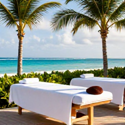 Caribbean Holidays, February Spa Breaks, A tranquil luxury spa overlooking turquoise Bahamian sea, with treatment beds, palm trees and soft February sunshine