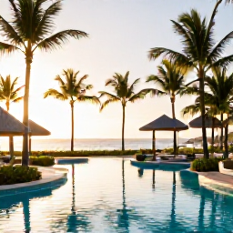 Caribbean Holidays, February Spa Breaks, A tranquil luxury spa resort in Punta Cana, Dominican Republic, with palm trees, a turquoise swimming pool and warm February sunshine